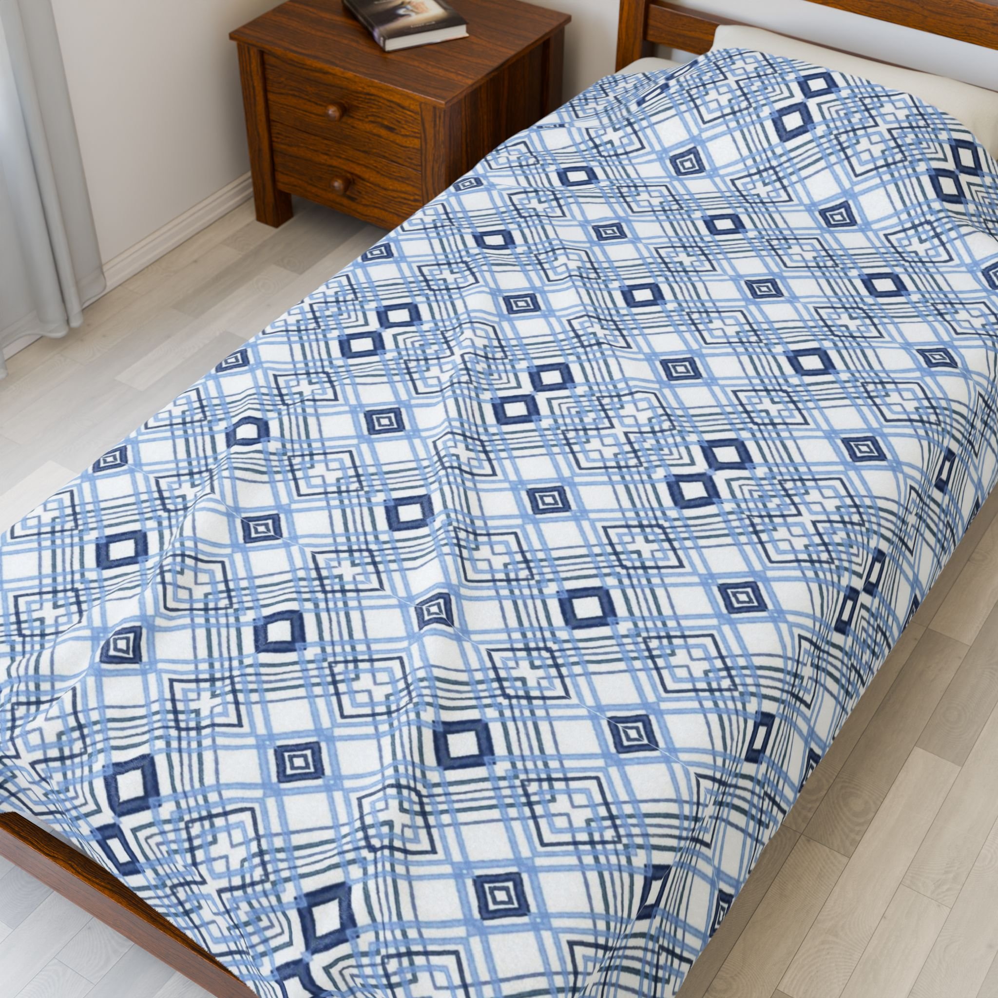 Blue Diamonds Geometric Velveteen Plush Blanket — Soft Cozy Throw