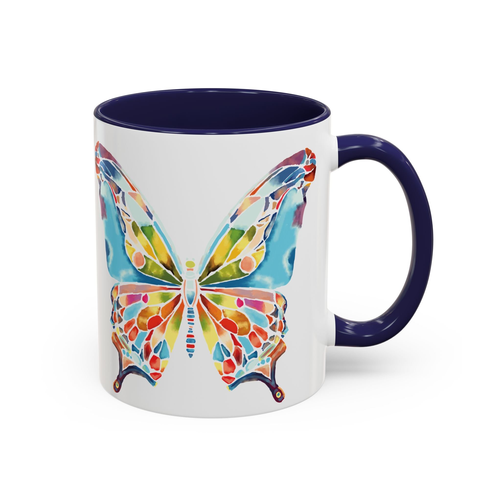 Colorful Watercolor Butterfly Two Tone Ceramic Coffee Mugs Navy 11oz