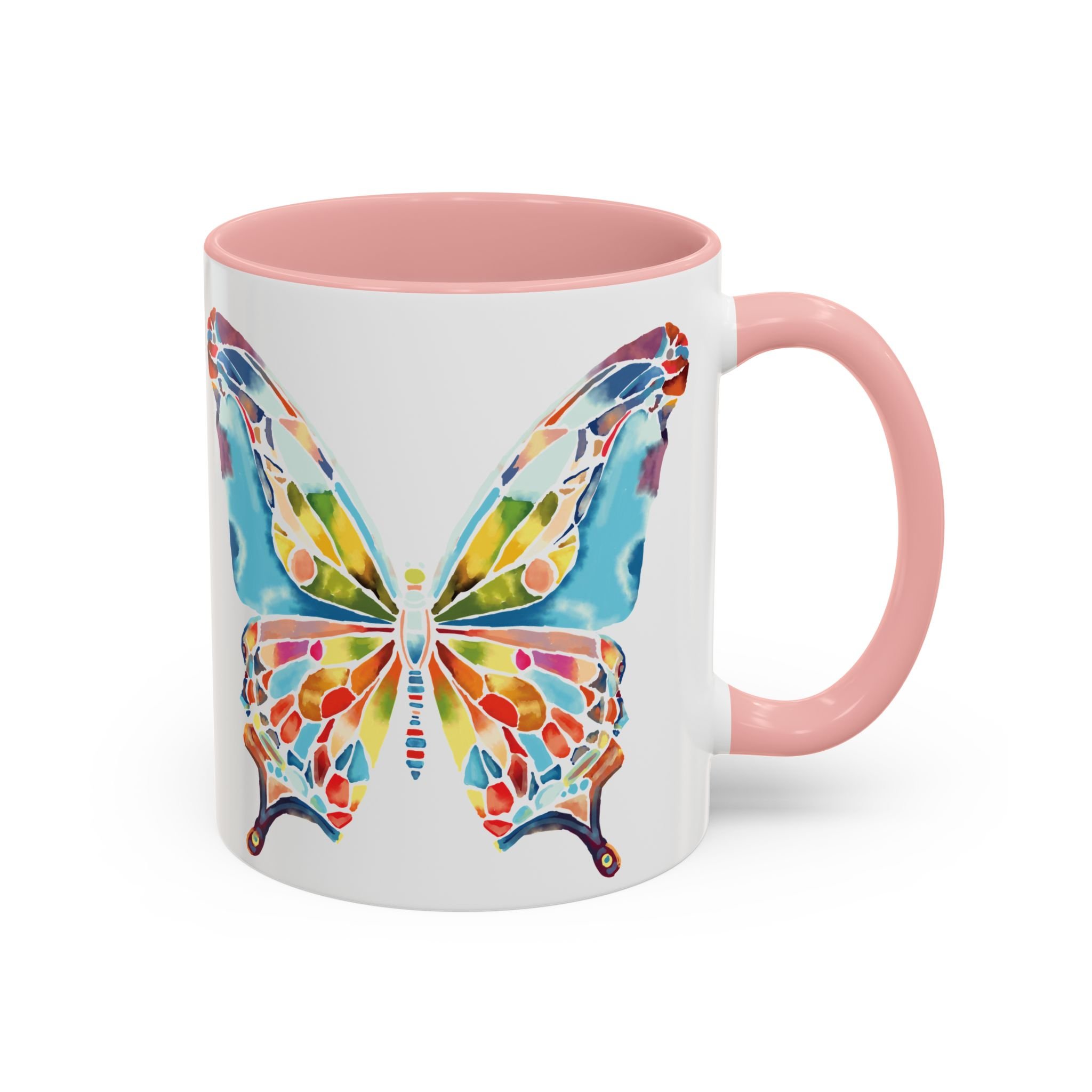 Colorful Watercolor Butterfly Two Tone Ceramic Coffee Mugs11 oz pink