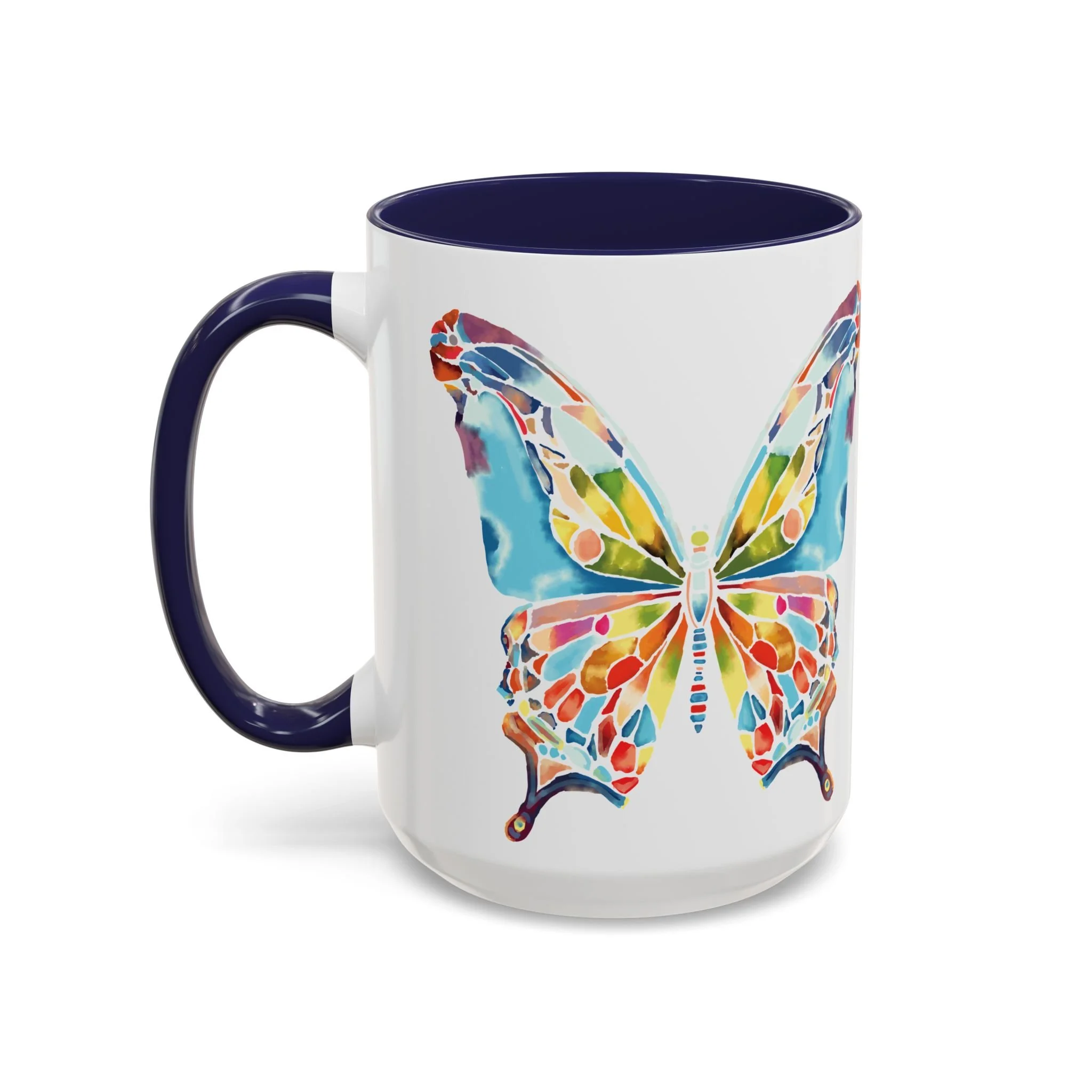 Colorful Watercolor Butterfly Two Tone Ceramic Coffee Mugs 15oz Navy