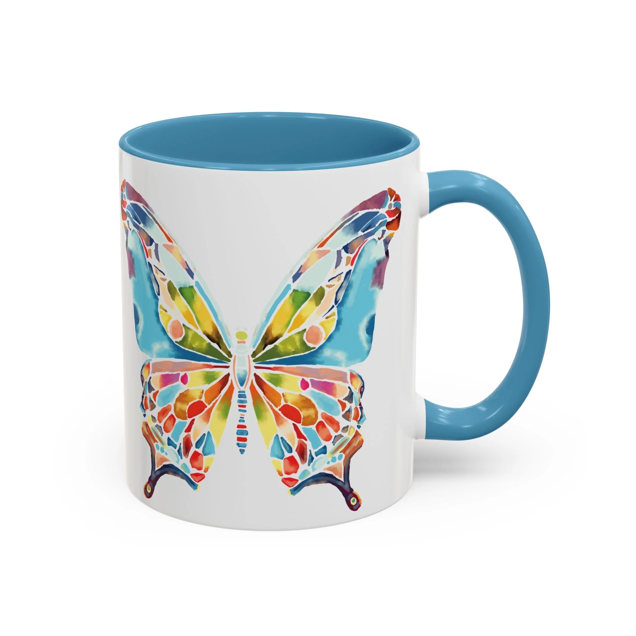 Colorful Watercolor Butterfly Two Tone Ceramic Coffee Mugs 11oz Light blue