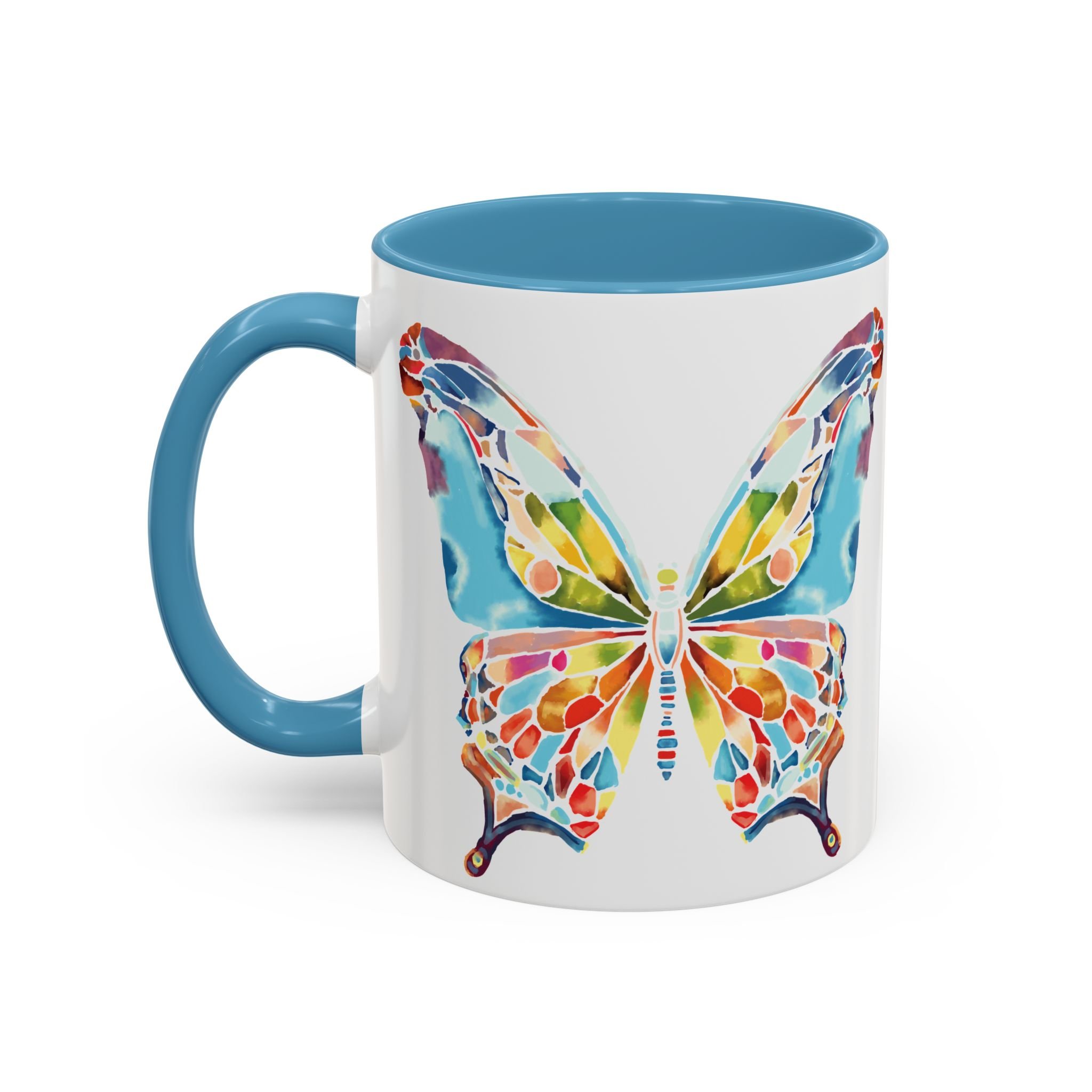 Colorful Watercolor Butterfly Two Tone Ceramic Coffee Mugs 11oz Light blue