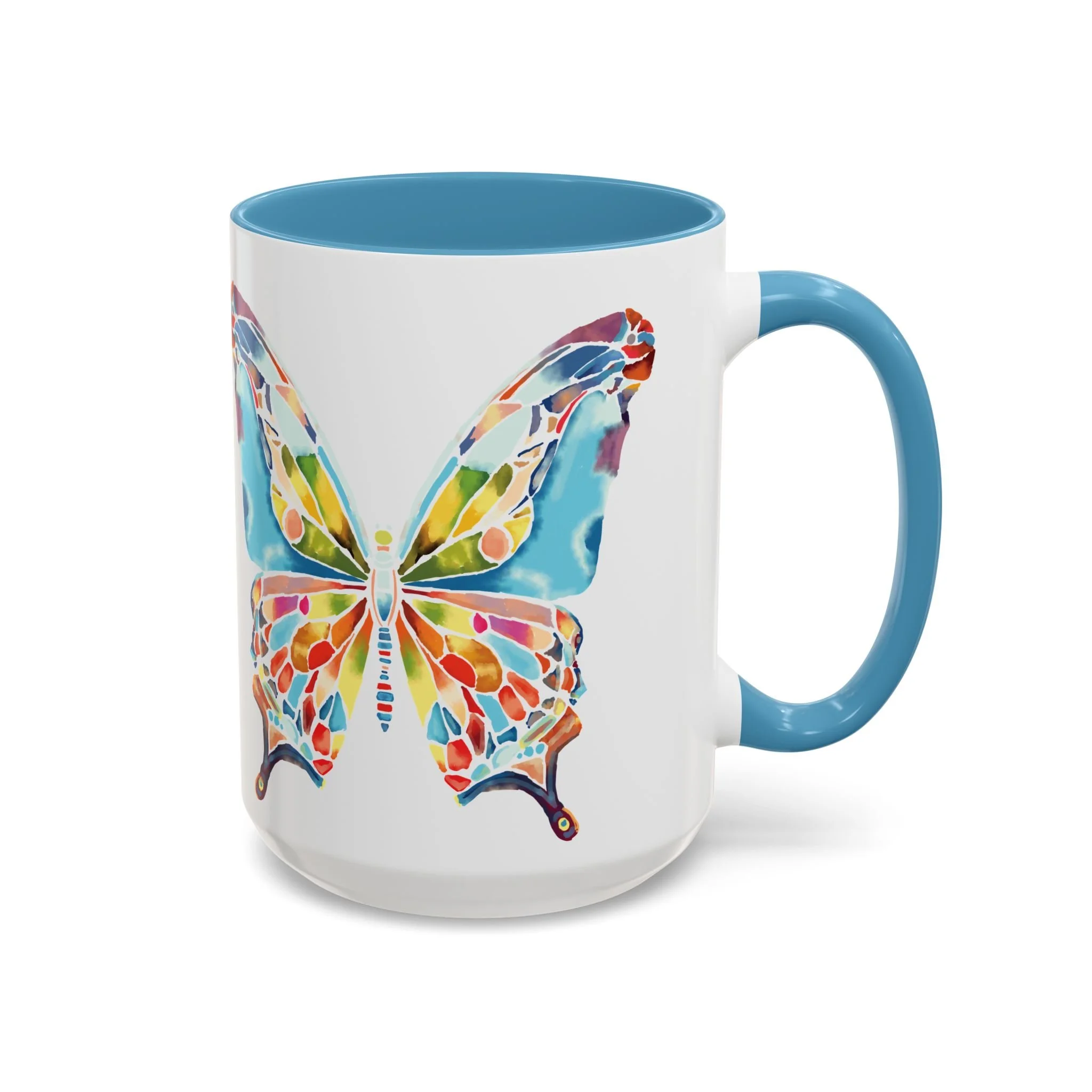 Colorful Watercolor Butterfly Two Tone Ceramic Coffee Mugs 15oz Light blue