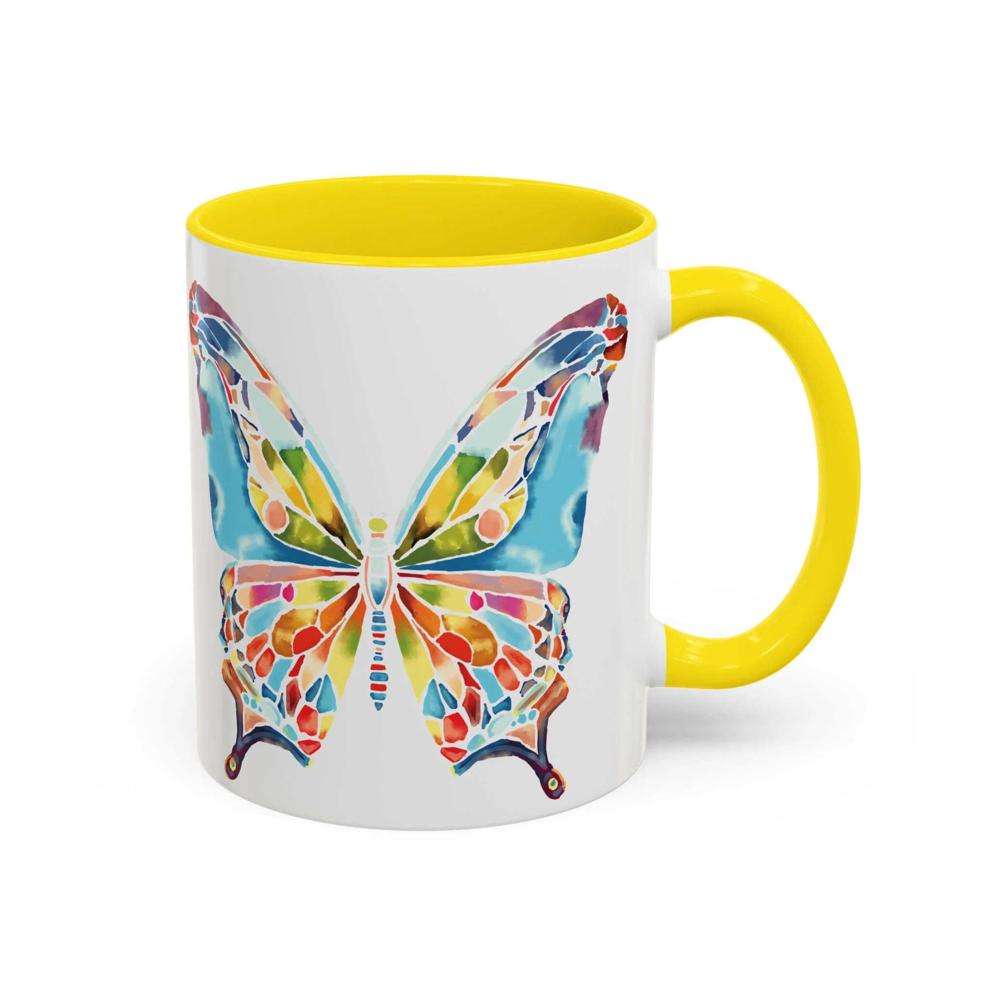 Colorful Watercolor Butterfly Two Tone Ceramic Coffee Mugs Yellow 11oz