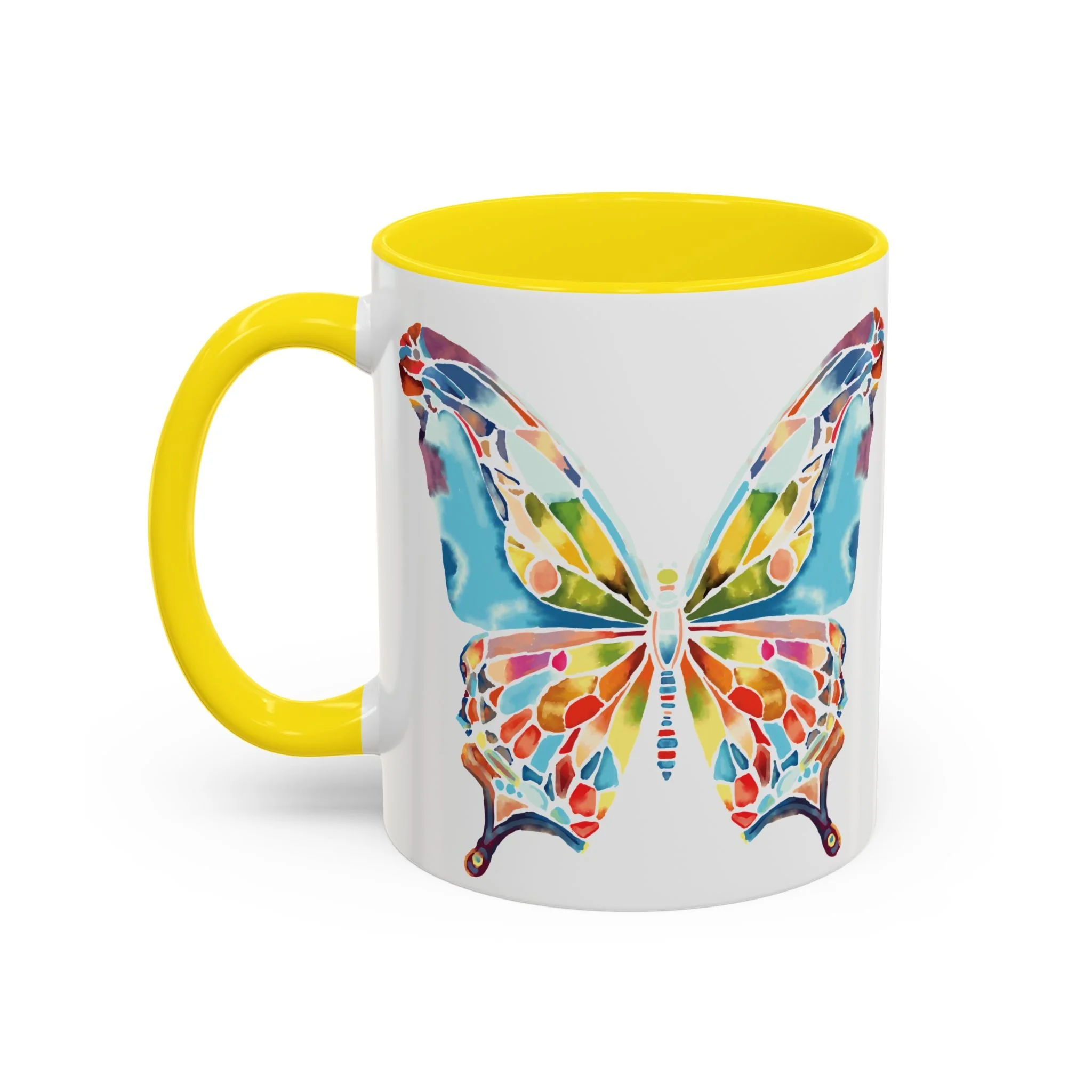 Colorful Watercolor Butterfly Two Tone Ceramic Coffee Mugs 11oz Yellow
