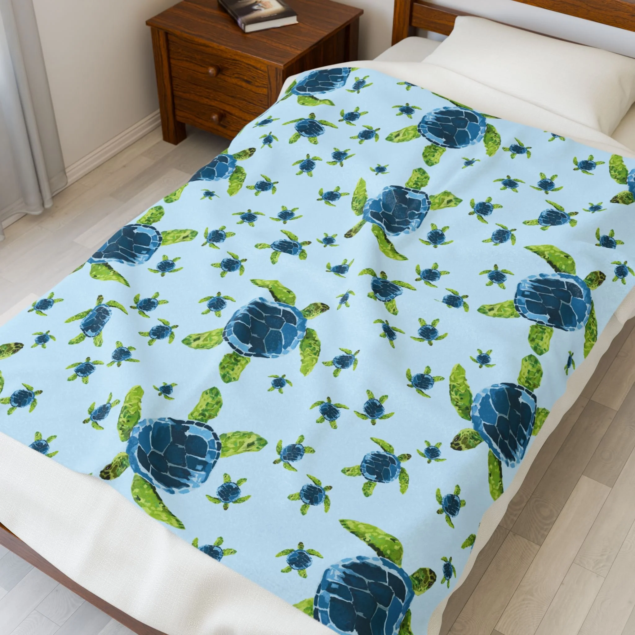 Sea Turtle Pattern Velveteen Plush Blanket — Blue Coastal Throw 50" x 60"