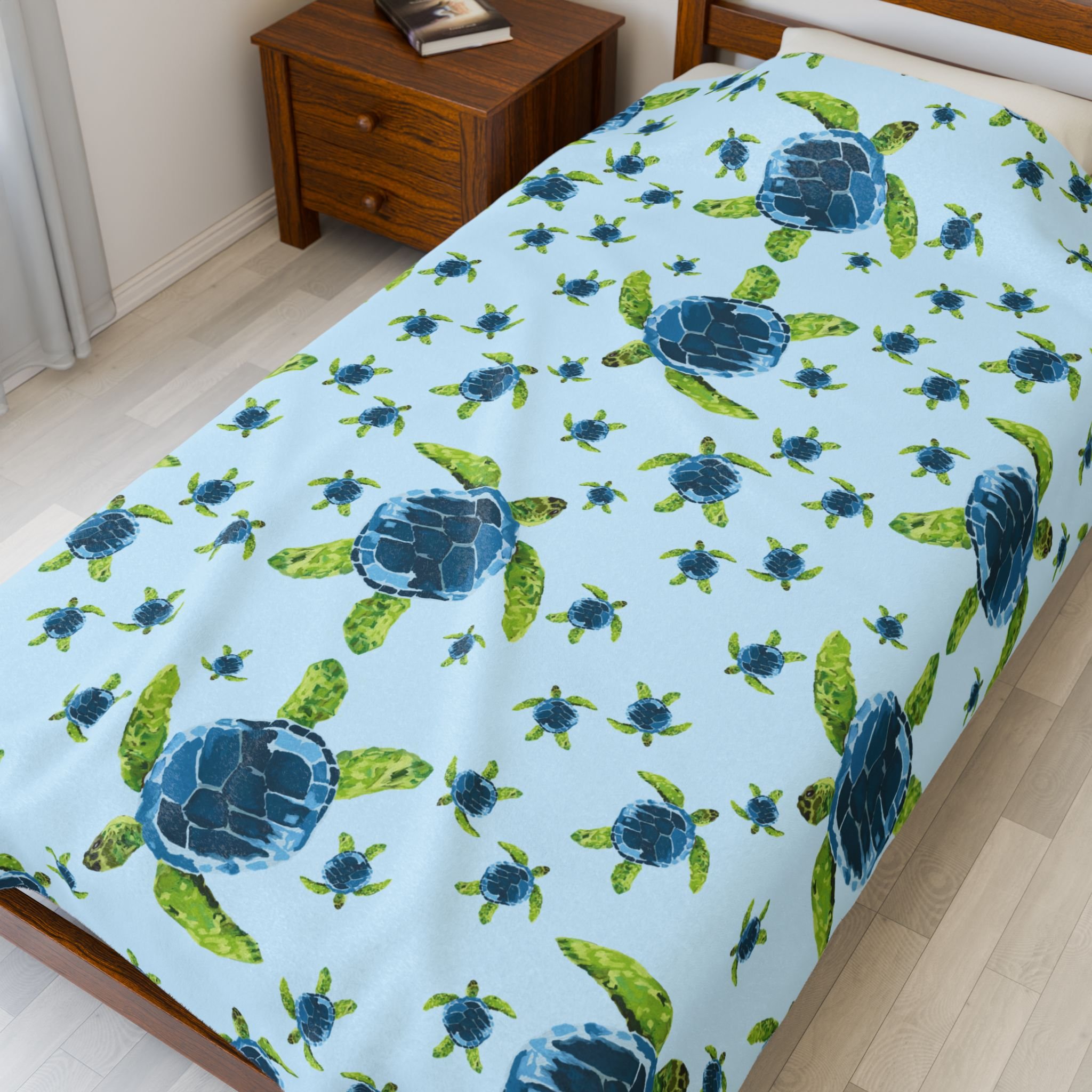Sea Turtle Pattern Velveteen Plush Blanket — Blue Coastal Throw 60" x 80"