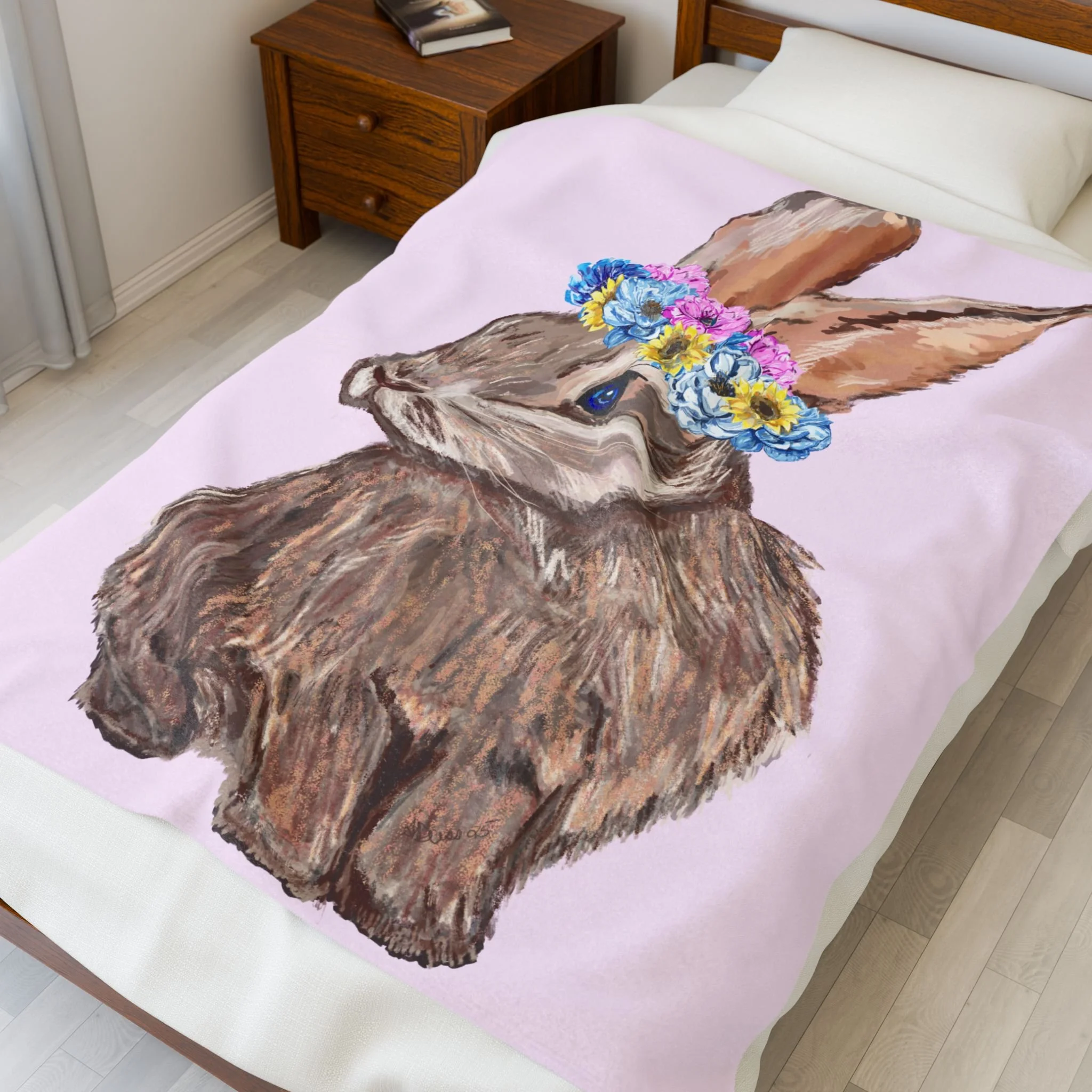Bunny Floral Crown Velveteen Plush Blanket 50" x 60"