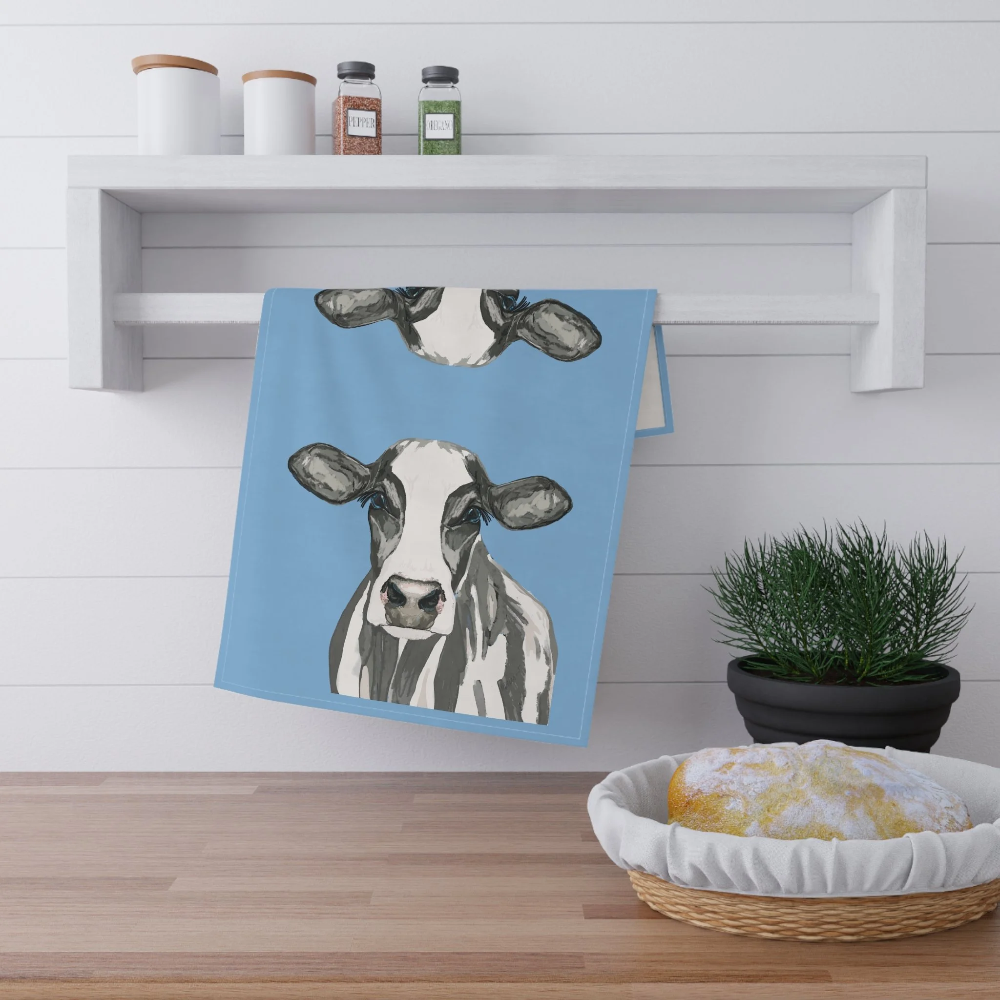 Black and white cow linen kitchen towel 18" x 30"