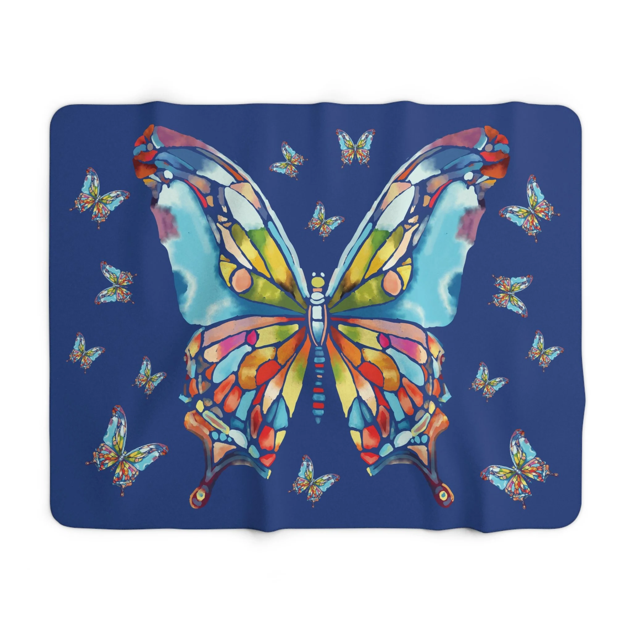 Butterfly Mosaic Sherpa Fleece Blanket – Colorful Mandala Wings on Navy