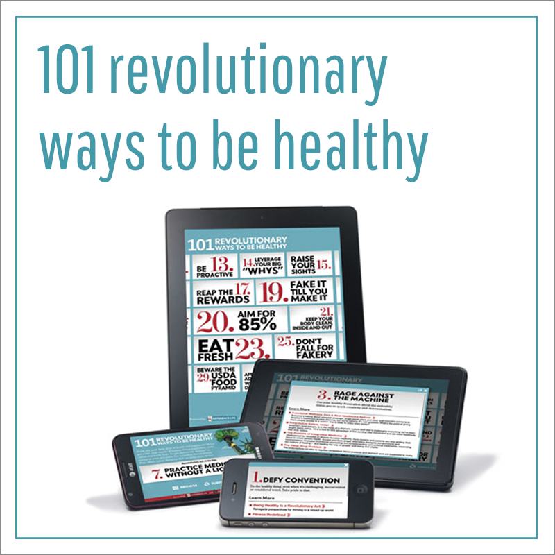 Cover of a book titled '101 revolutionary ways to be healthy' featuring digital devices displaying tips for health and wellness.