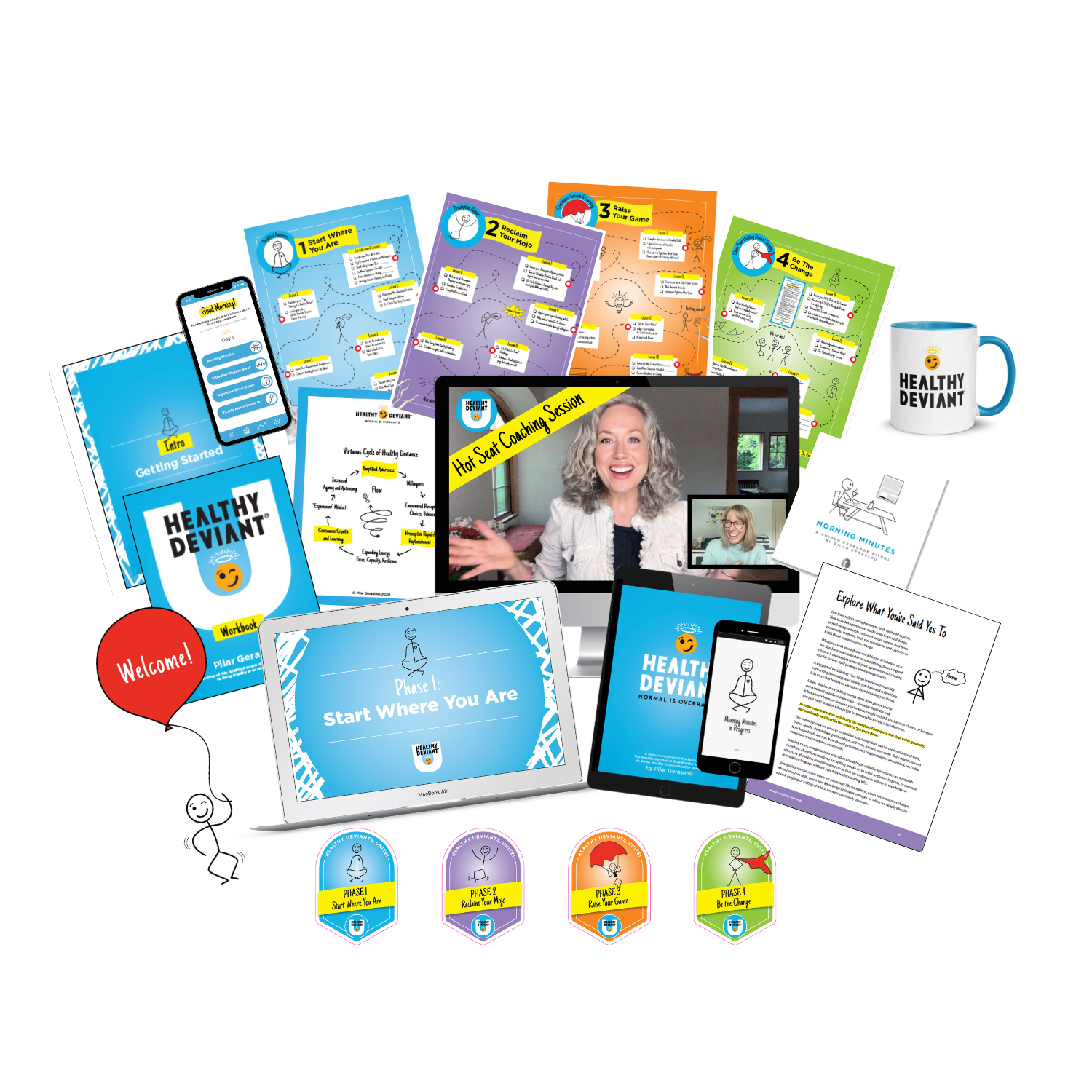 Collection of educational materials and digital devices promoting healthy deviant habits, including booklets, posters, a mug with the logo, a video call screen of two women, and colorful phase badges for a coaching program.