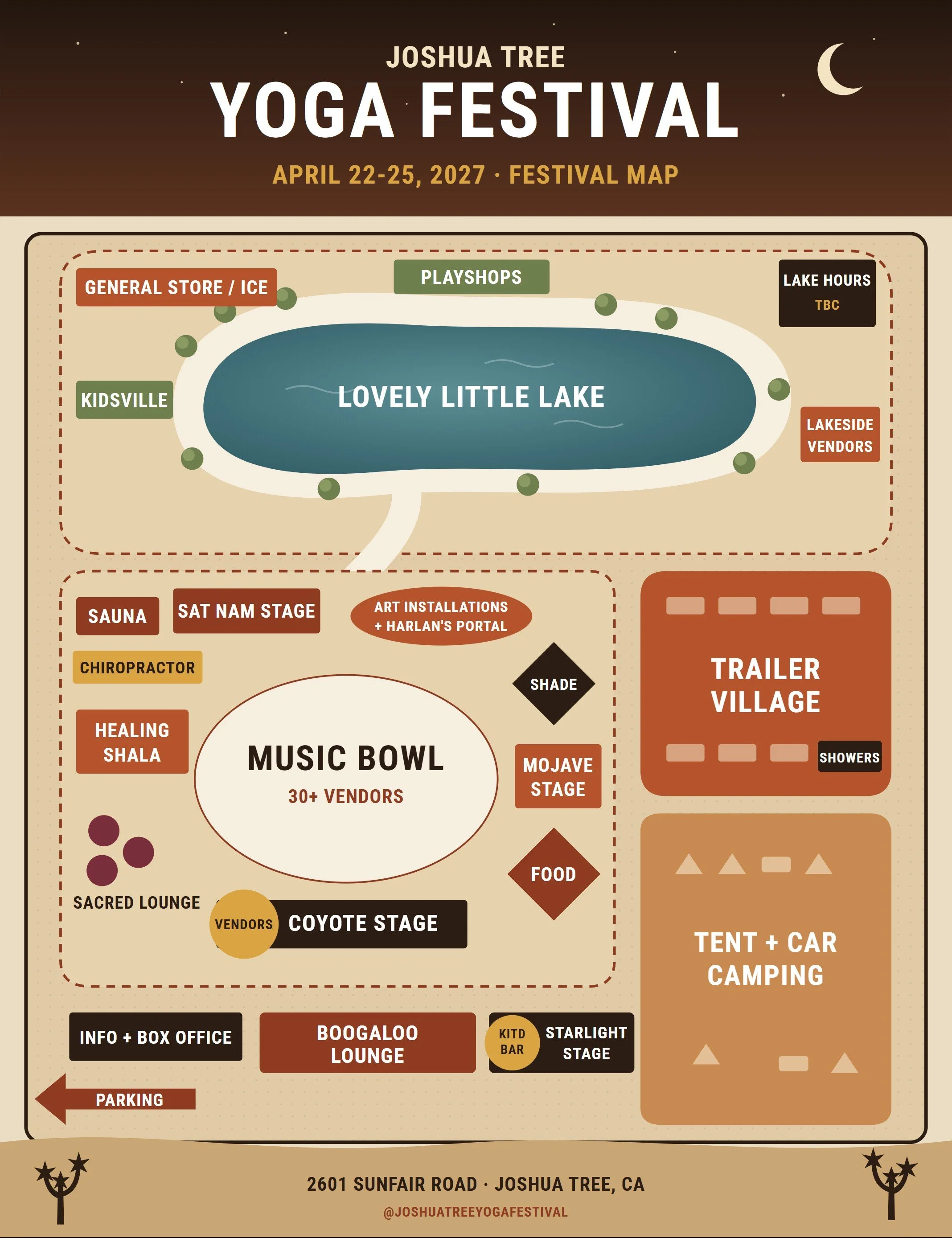 Joshua Tree Yoga Festival 2027 festival map showing the lake, music bowl, stages, trailer village and camping
