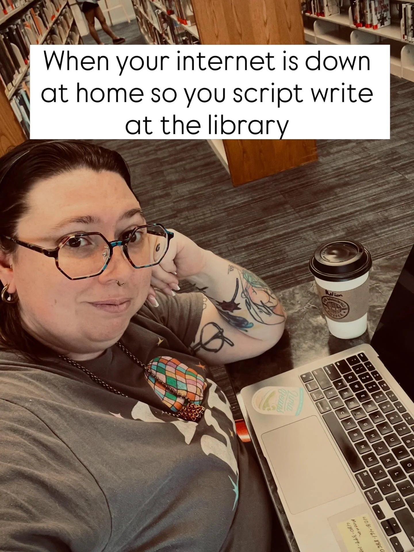 When the internet at home decides it&rsquo;s done participating in society&hellip;

the ceremony writer packs up and relocates to the library. 📚💻

So today&rsquo;s office includes:
☕ matcha
📖 several very serious bookshelves
🎮 my son playing Robl