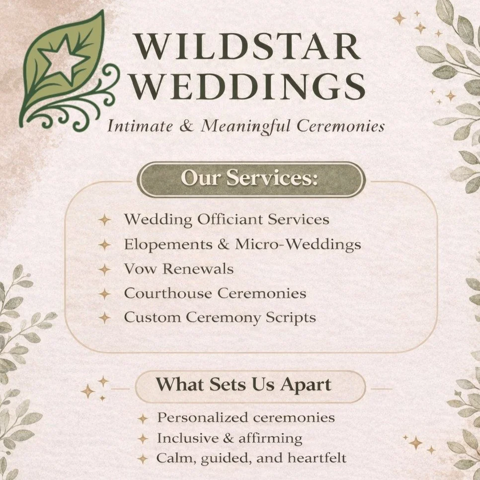 Y&rsquo;all. 😊 This is what I do. 🌿
I create intimate, meaningful wedding ceremonies that feel calm, personal, and true to you. Whether you&rsquo;re planning an elopement, a micro-wedding, a courthouse ceremony, or something in between, I&rsquo;ll 