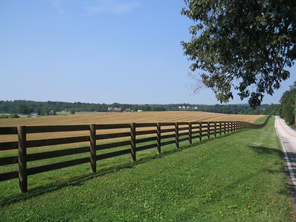 A rural landscape with a green grassy area, a wooden fence, a field of harvested crops, and a clear blue sky. There is a dirt road on the right side and trees along the horizon.