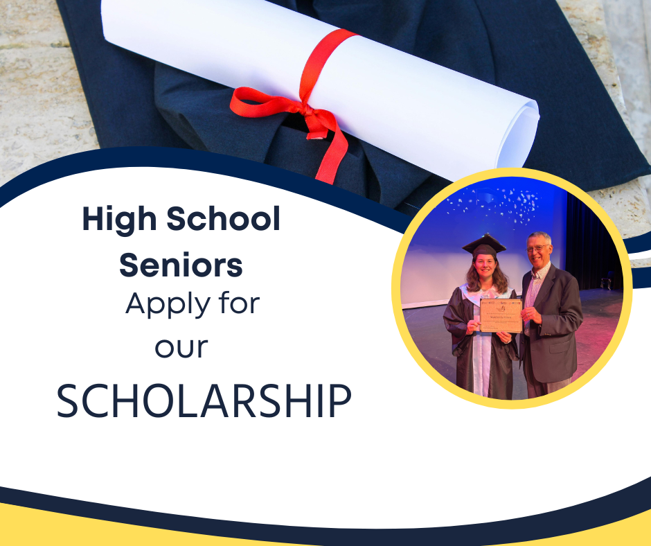 High school graduation cap and diploma with red ribbon, circular photo of a young woman in cap and gown receiving award from an older man on stage, promotion of a scholarship program for high school seniors.