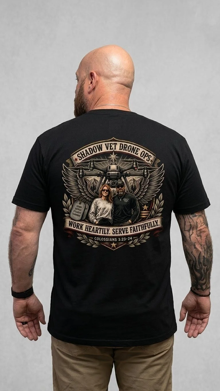 Back of a man with tattoos, wearing a black t-shirt featuring a graphic design of a drone, two people, and Christian-themed text and Bible verse, with gray background.