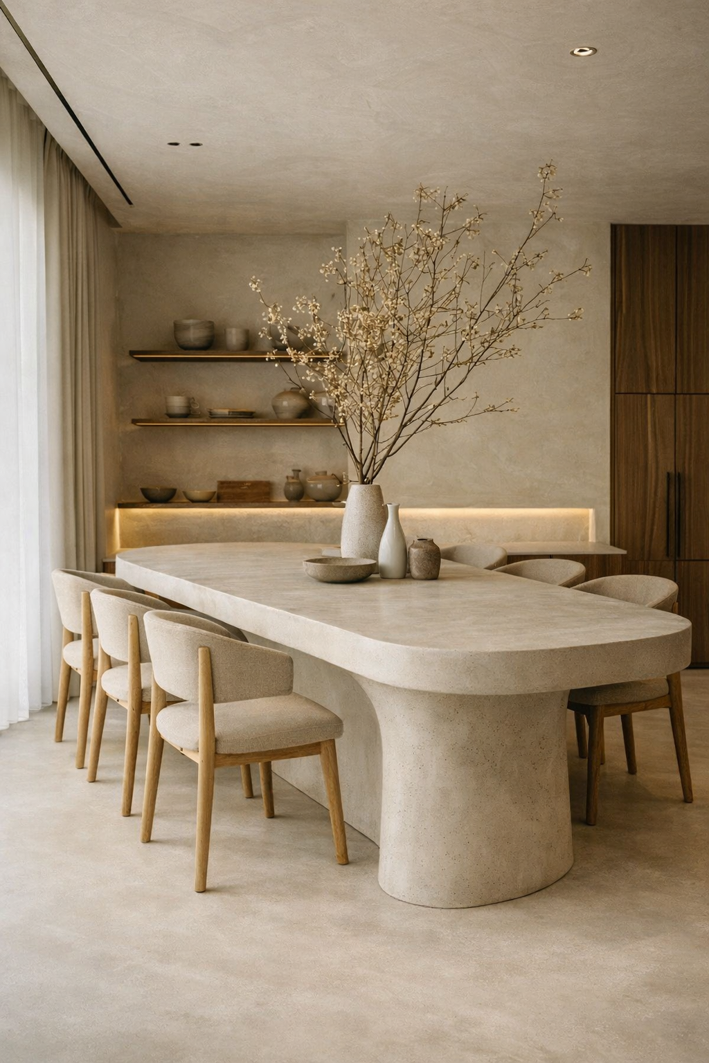 Modern dining room with a large beige stone table, six beige upholstered chairs with wooden legs, and a tall vase with dried branches as a centerpiece. Shelves with decorative vases and dishes are on the wall, and natural light filters through curtains.