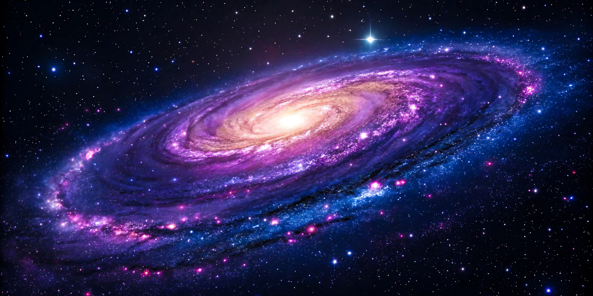 A bright spiral galaxy with a glowing center and pink, purple, and blue stars surrounding it in space.
