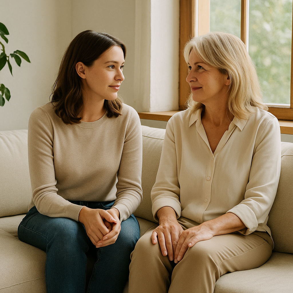 Two women sit side-by-side near a bright window, talking calmly with relaxed body language, symbolizing compassionate, collaborative mental health care.