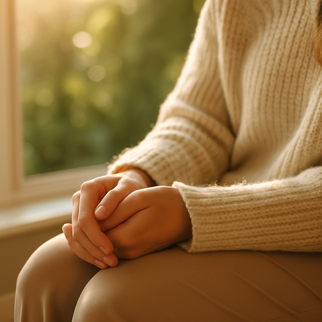 Close-up of a white woman’s hands resting gently in her lap with warm sunlight and soft greenery in the background, representing calm reflection and emotional grounding.