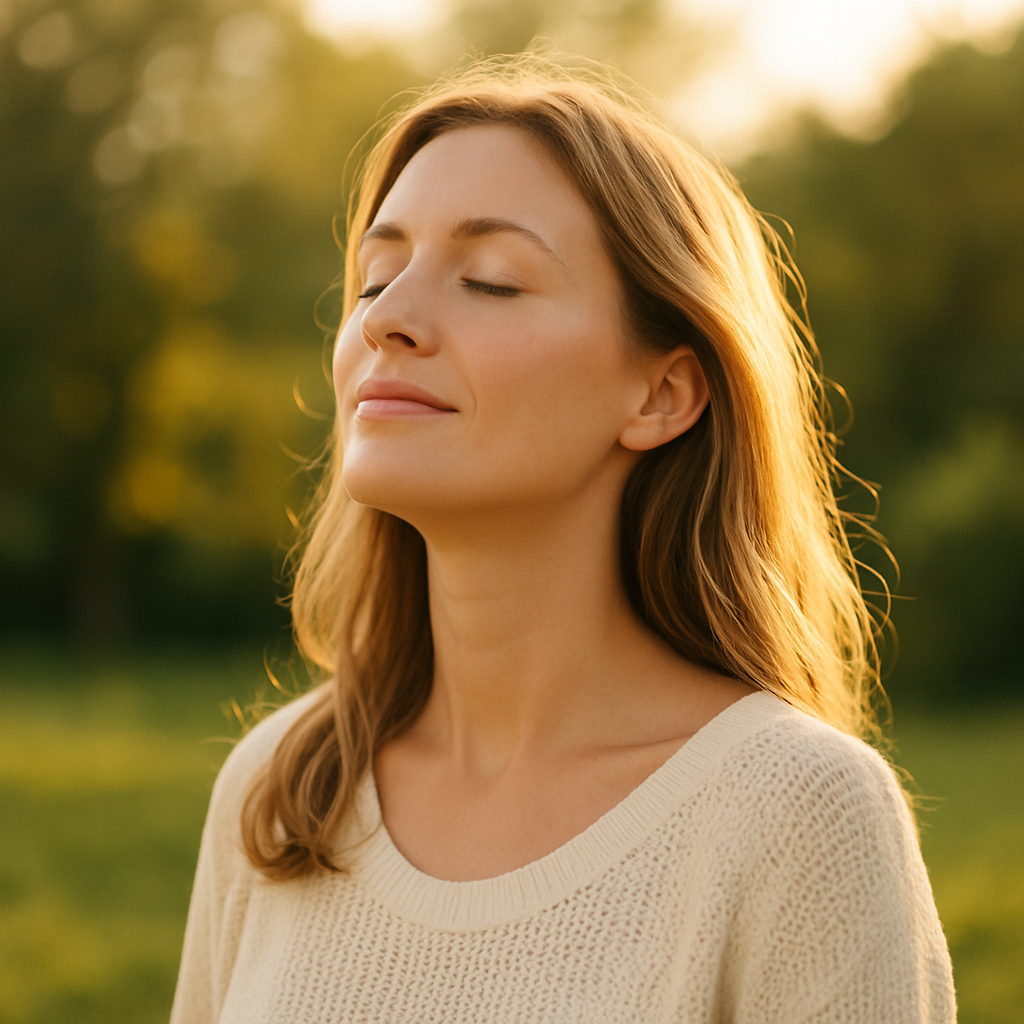 A woman standing outdoors with her eyes closed, sunlight warming her face as she takes a deep breath, surrounded by soft greenery in the background, symbolizing calm and reflection.