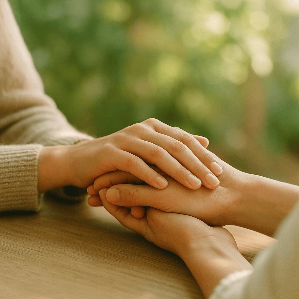 Two people gently holding hands on a wooden table with soft natural light and greenery in the background, symbolizing support and compassion for mental health resources.