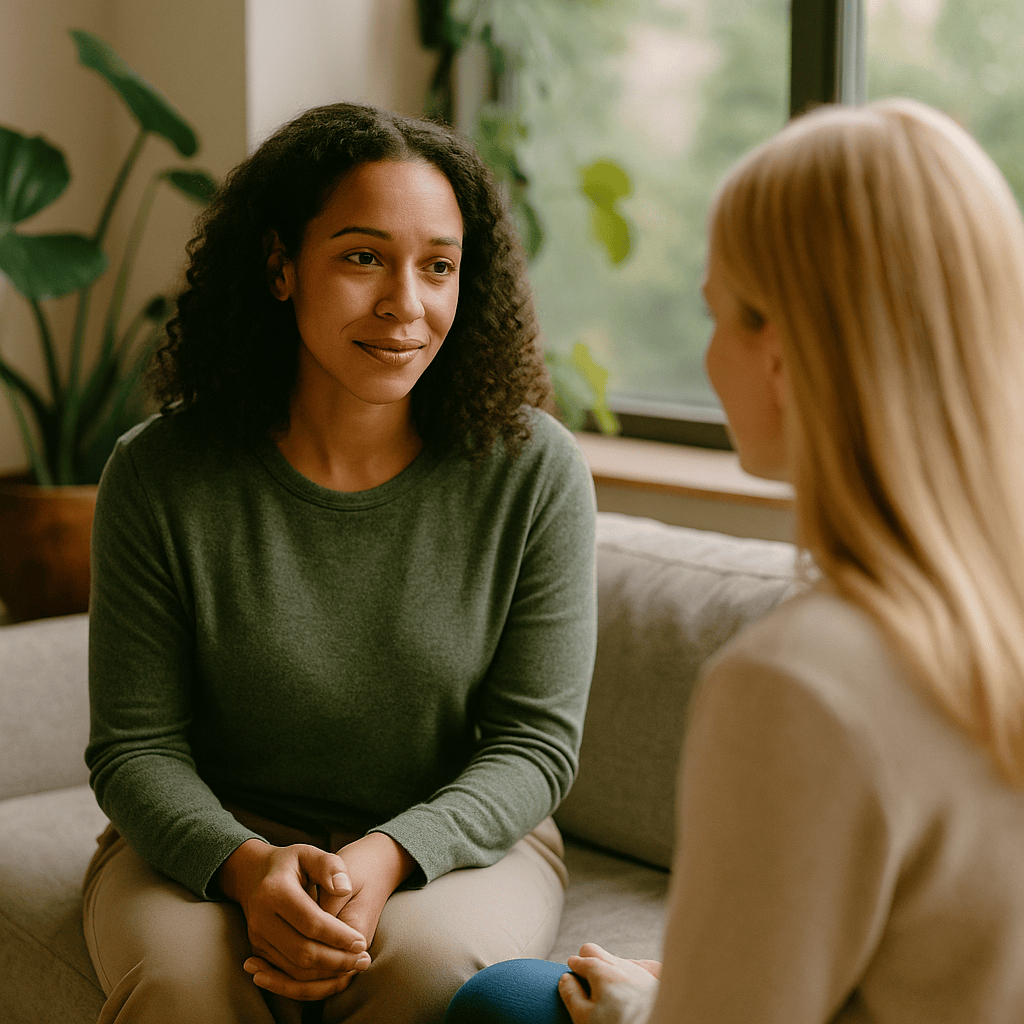 Two women sitting outdoors (or by a window with plants), one listening attentively to the other — warm light, relaxed posture.