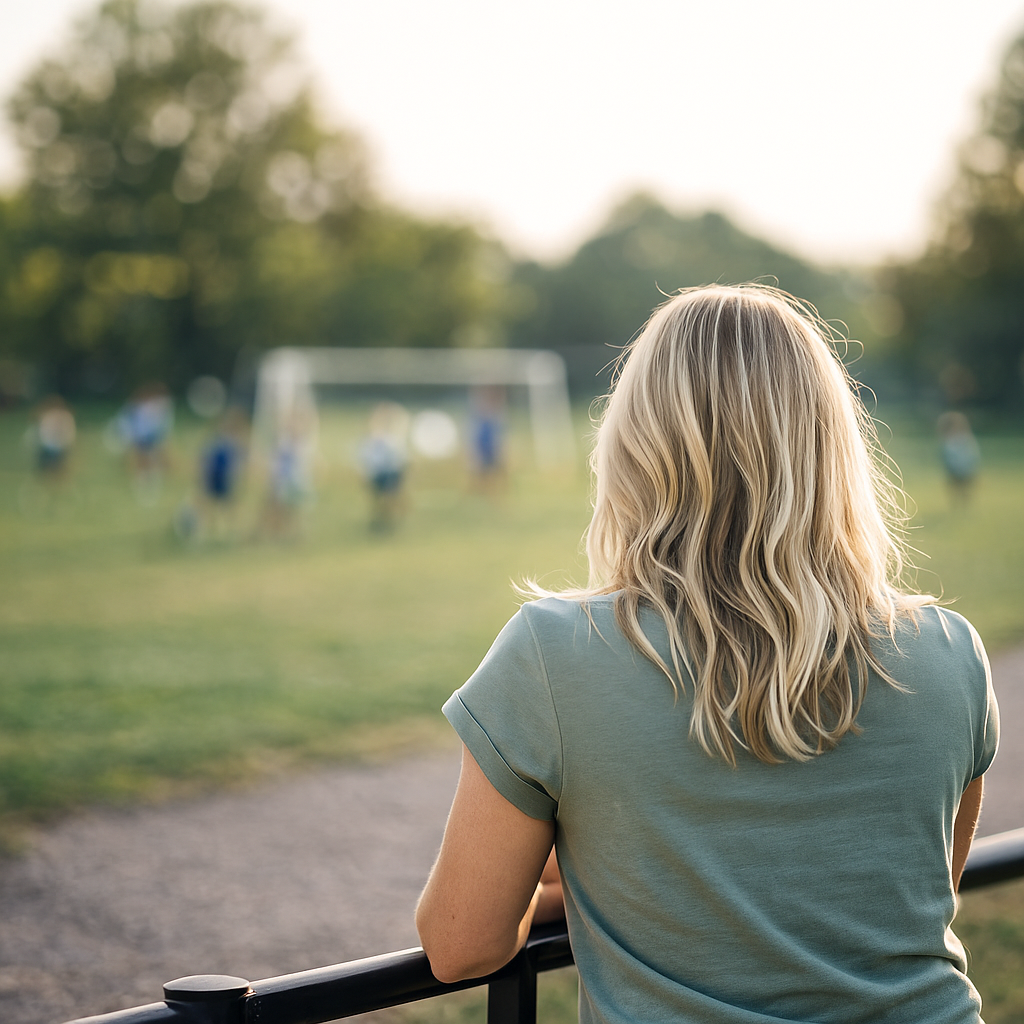 Blonde woman seen from behind watching a youth soccer game at sunset, with children blurred in the background on a green field, symbolizing family life and support.
