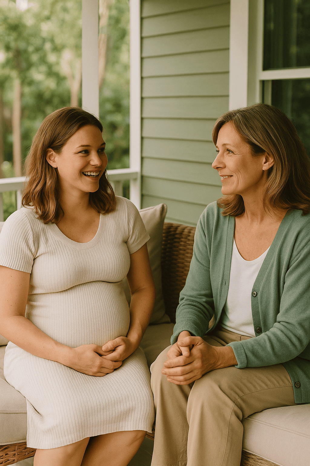 A pregnant woman and a woman in her 40s sit together on a porch in warm natural light, sharing a relaxed conversation that reflects connection and women’s mental health support.
