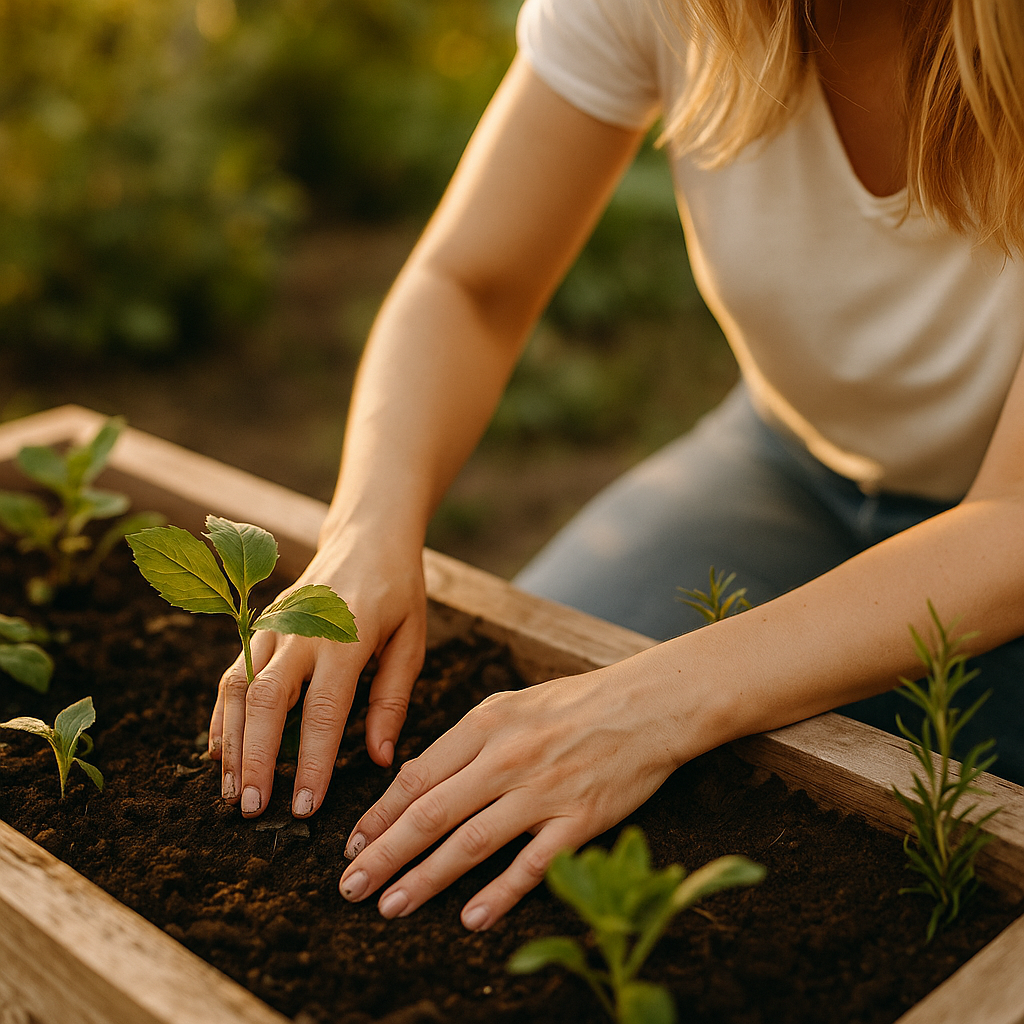 Close-up of a woman’s hands tending to small plants in a garden bed, surrounded by warm natural sunlight, symbolizing balance, grounding, and personal wellness.