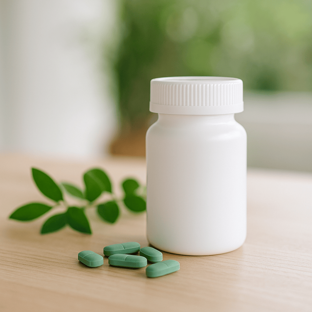 Medication bottle on counter with e few green pills in front.