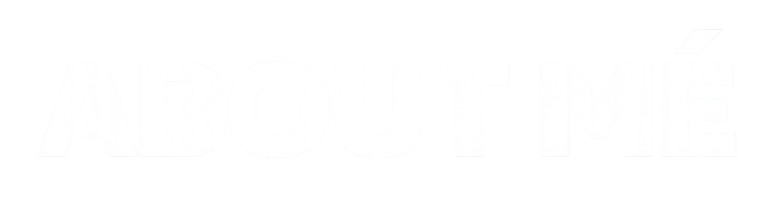 Minimal website hero visual featuring bold “ABOUT ME” typography, introducing the personal profile section of the greugére portfolio website.