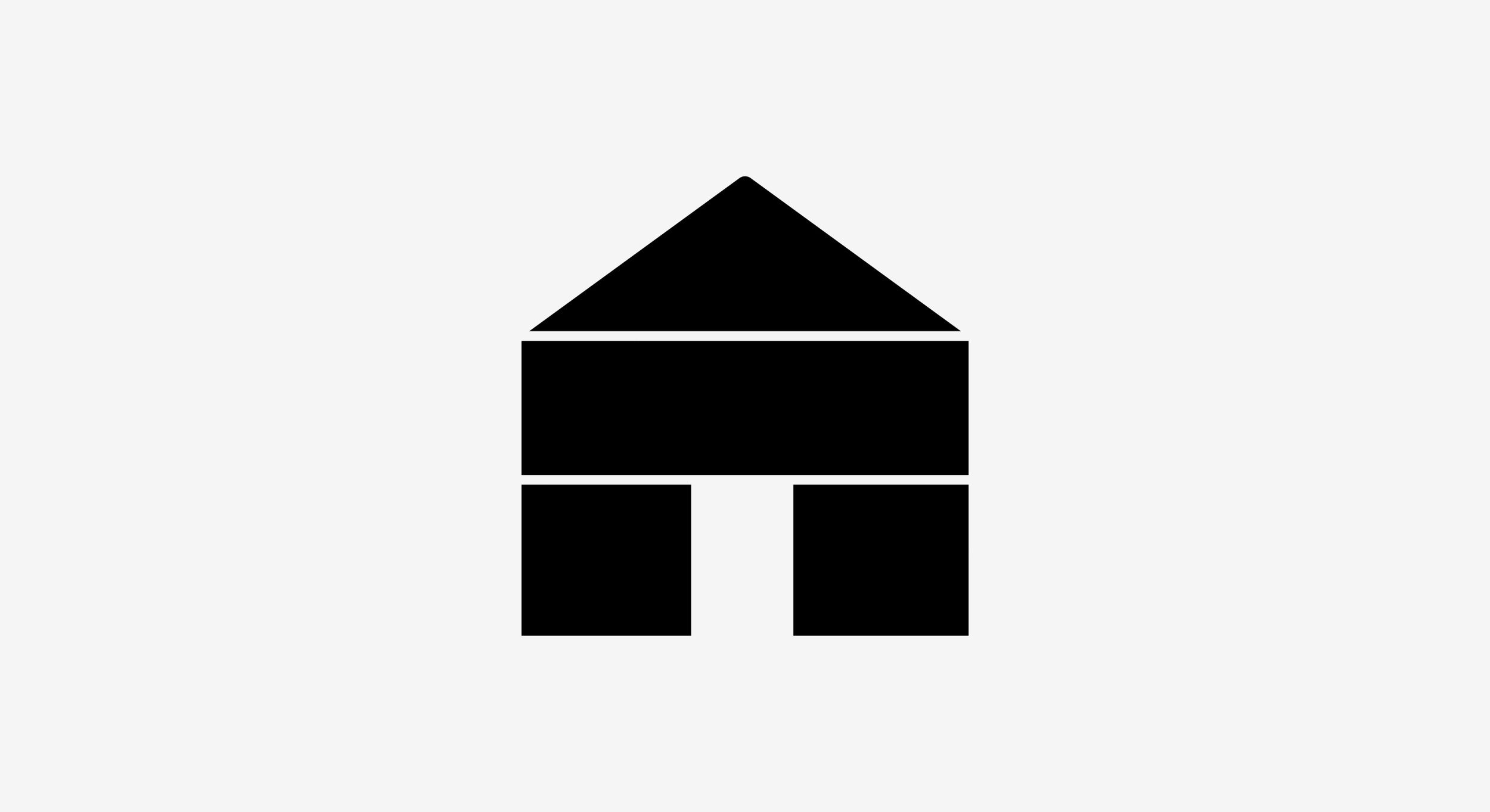 Black house icon with a triangular roof, a rectangular middle section, and two square pillars at the base on a light gray background.