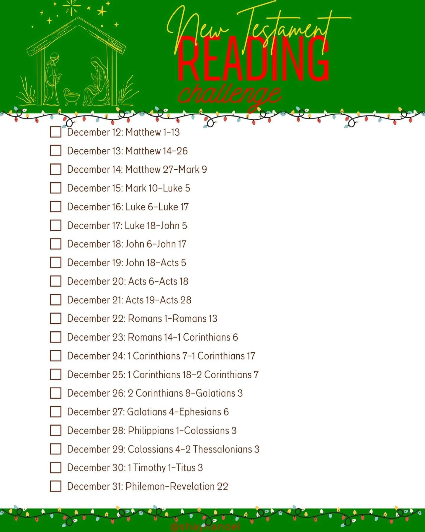 Starting tomorrow I am going to be doing this Christmas New Testament reading plan and encourage you all to tag along! Instead of just reading the gospels this Christmas, challenge yourself to read the full New Testament. 🎄❤️ 

#DecemberNewTestament