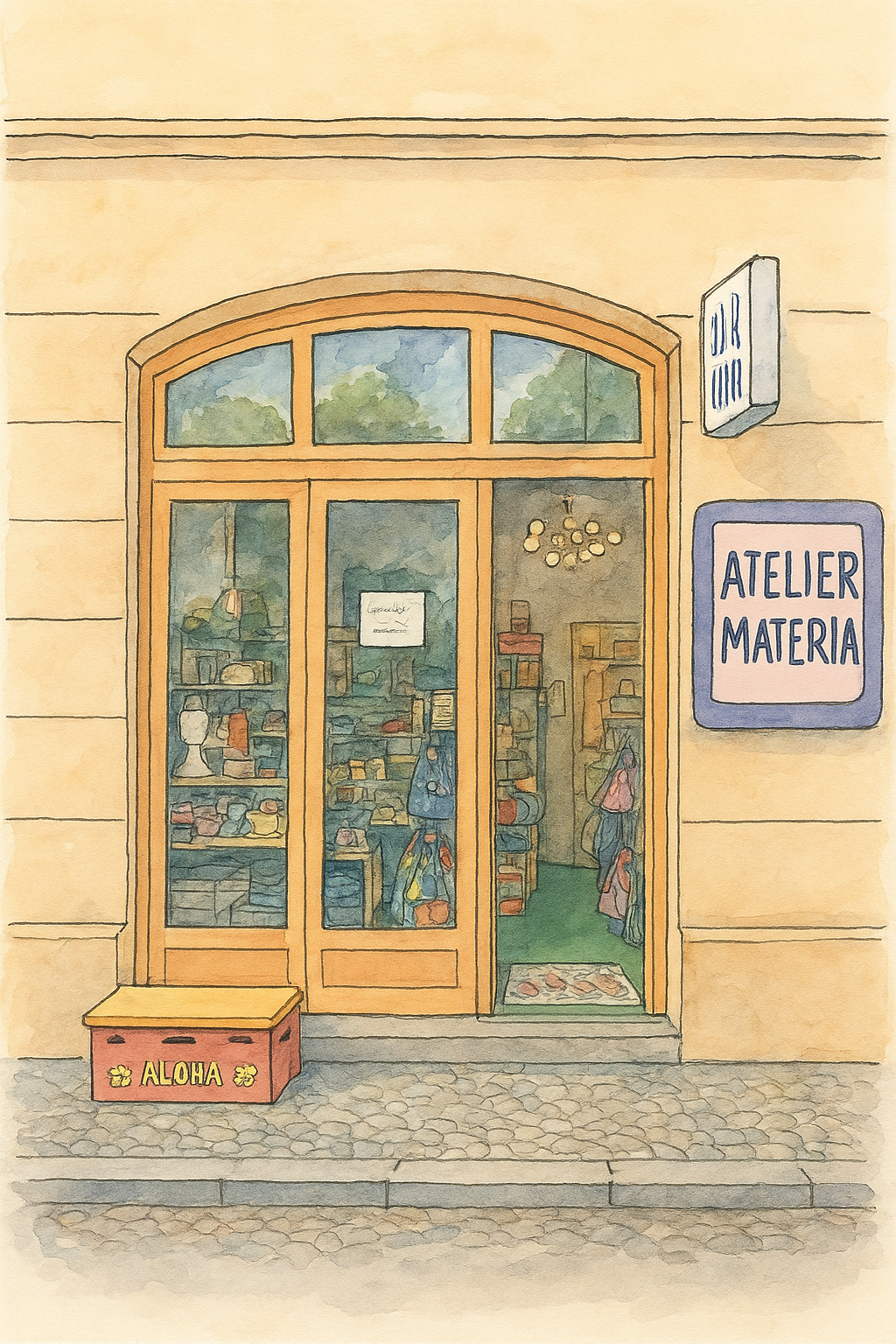 Watercolor illustration of a small shop with a wooden frame glass door and window, signs reading 'JAR' and 'ATELIER MATERIA', and a pink box with 'ALOHA' placed outside on cobblestone sidewalk.