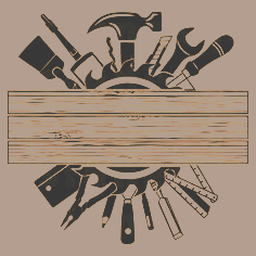 Top view of a variety of hand tools arranged around a wooden plank, including a hammer, wrench, screwdriver, pliers, and saw.