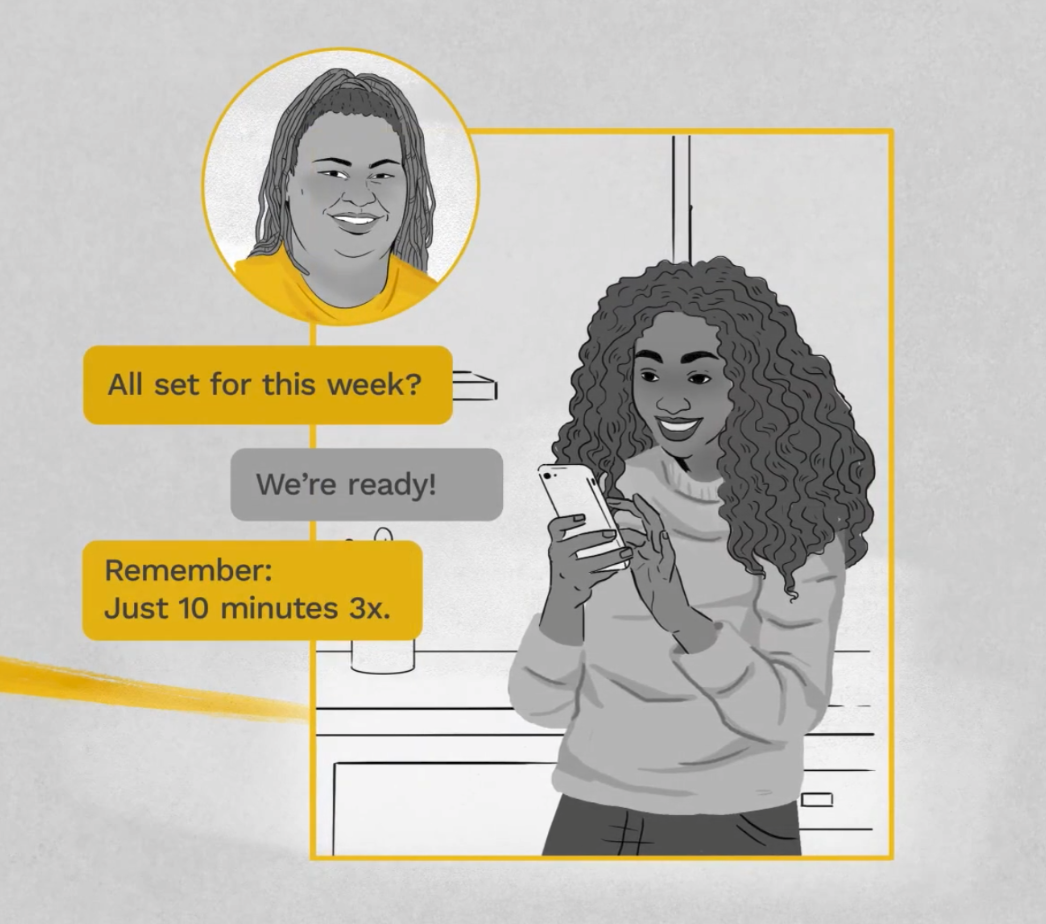 Illustration of a mother who is texting a REACH family coach about her child's reading progress