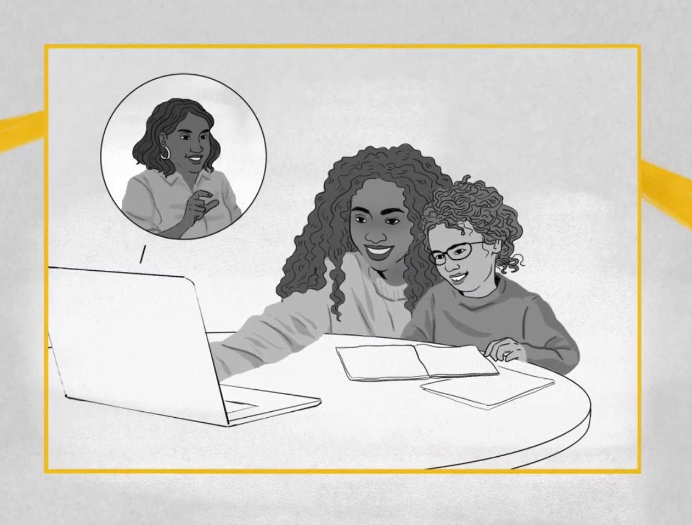 Illustration of a mother and child using a computer to access tutoring