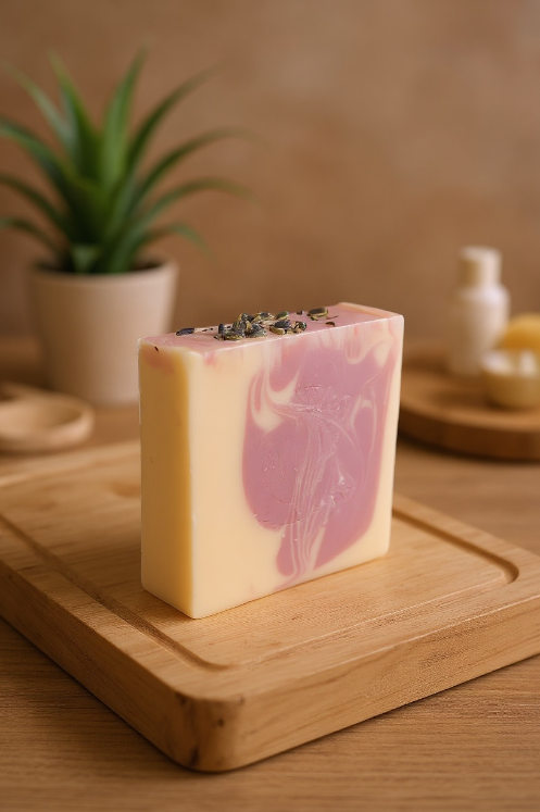 A bar of soap with pink and white swirls on a wooden surface, with a small plant in the background.