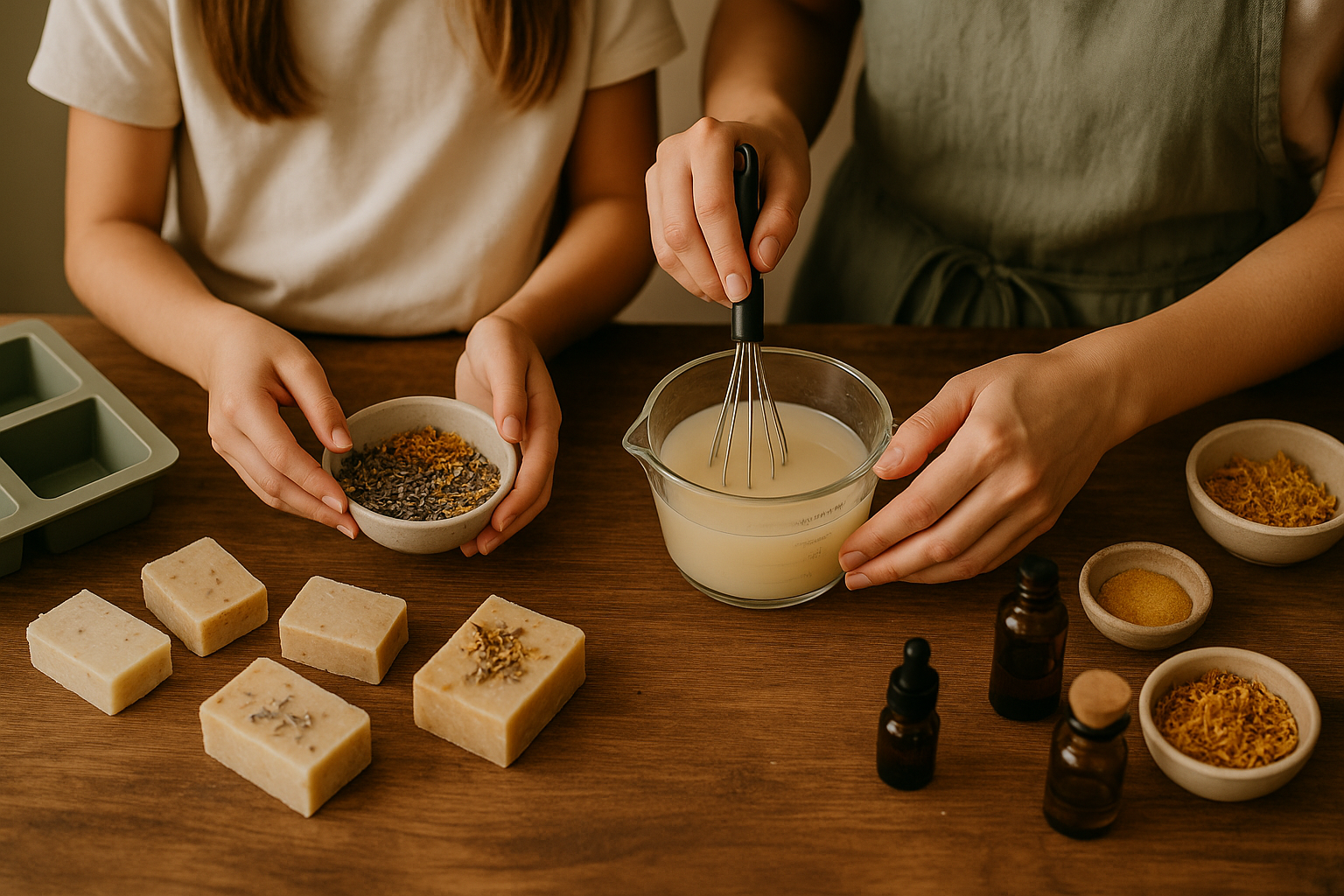 Two people making soap, with soap bars, essential oils, and dried flowers on a wooden table.
