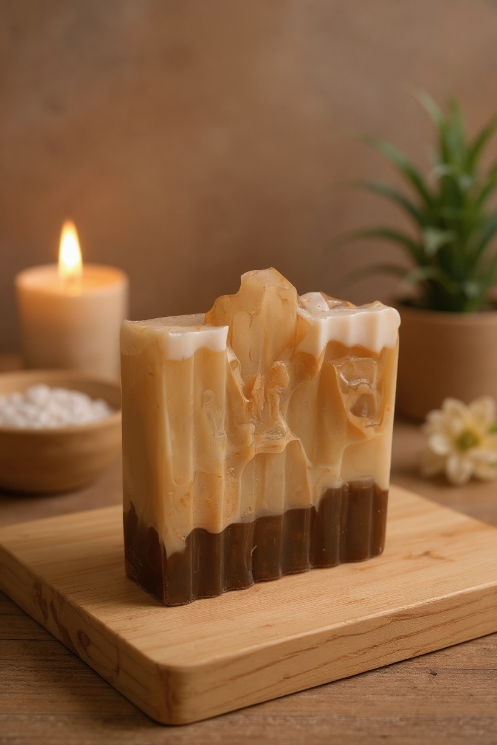 A handmade layered soap bar with swirls of beige, cream, and brown, placed on a wooden board with a lit candle, a bowl of salt, a potted plant, and a small flower in the background.