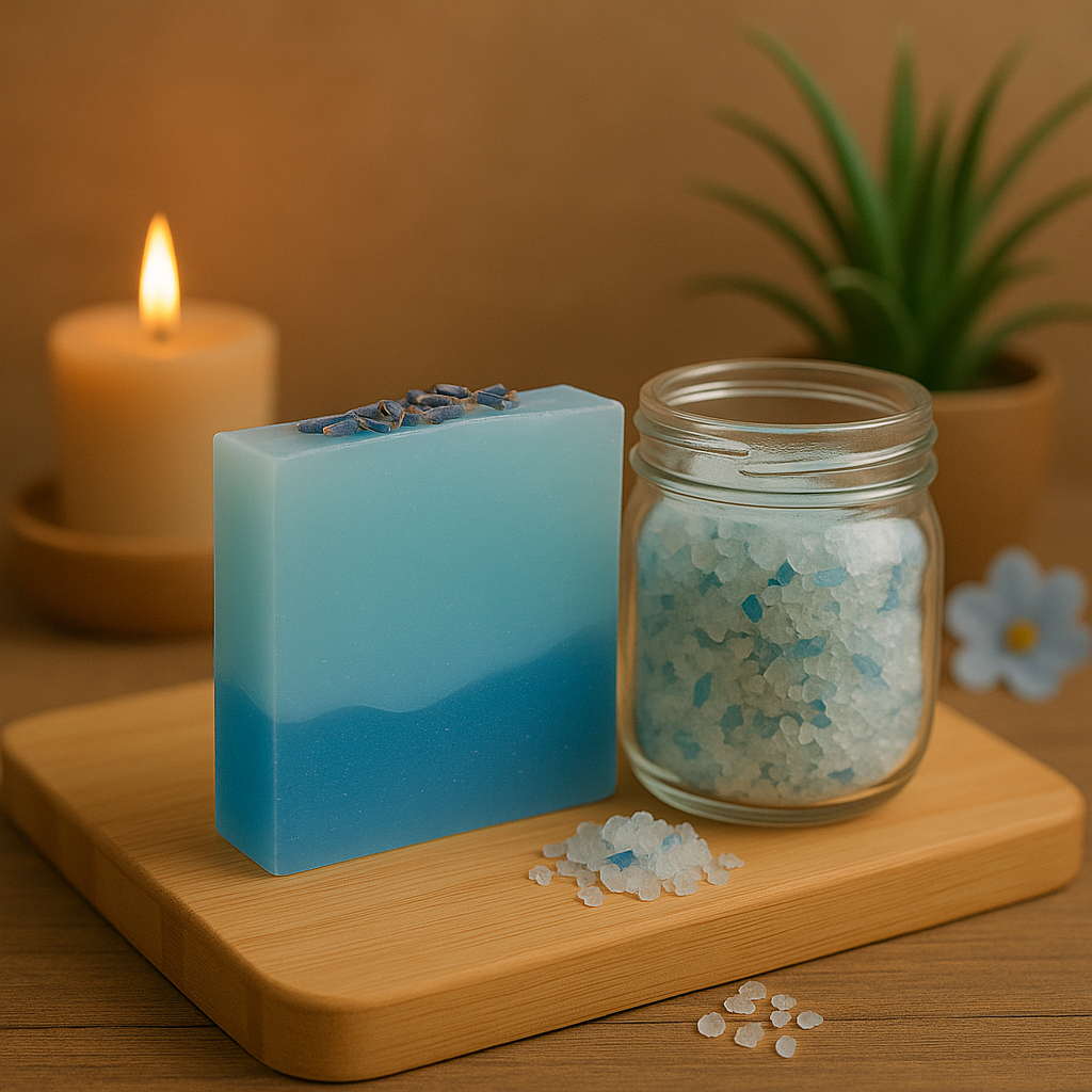 A blue and white layered sea salt soap bar, a jar of bath salts, a lit candle, and a potted plant arranged on a wooden tray.