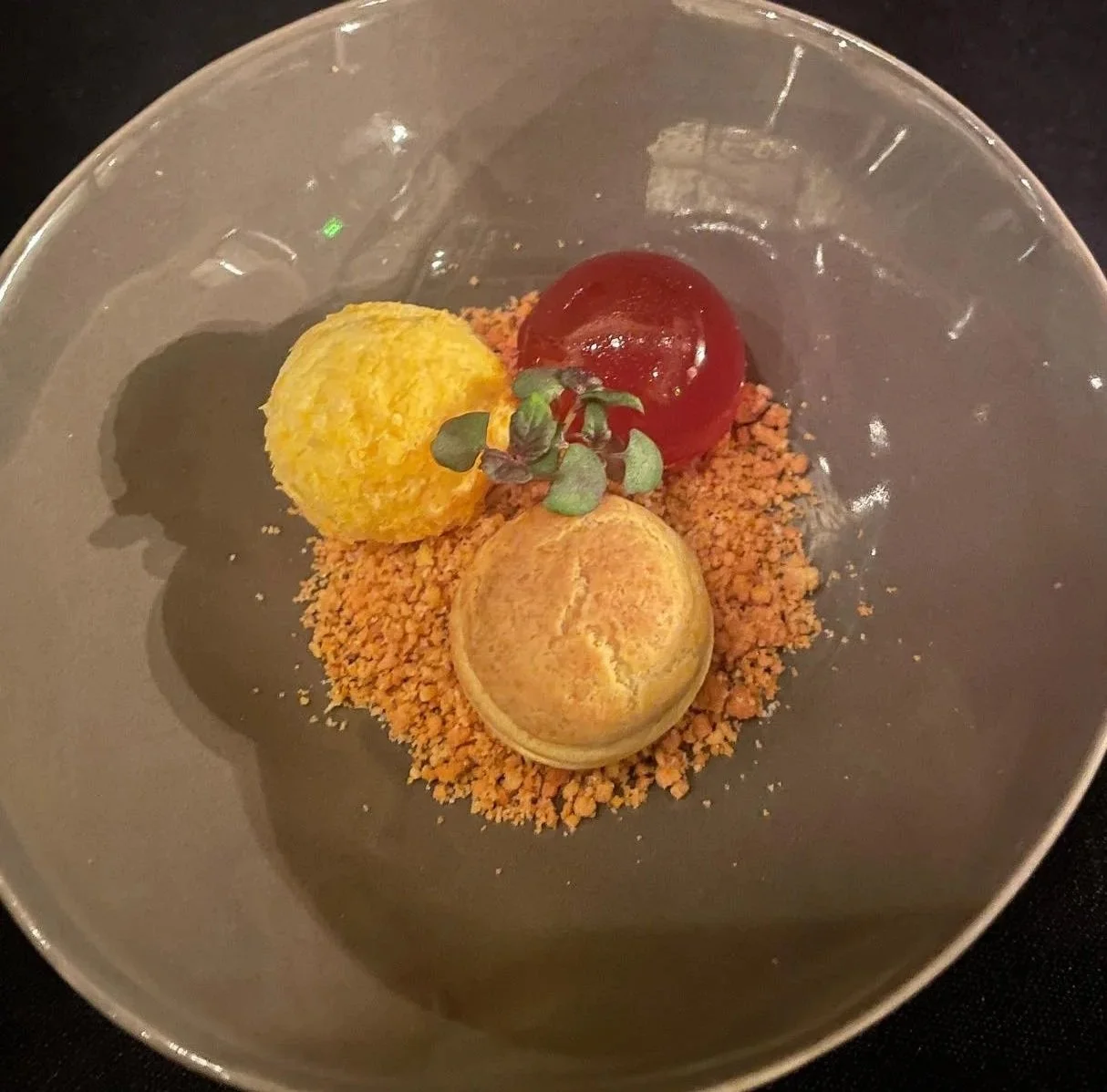 A fine dining desert, served in the course of a tasting menu that can be made from Michelin at Home, a private dinner service in aspen and Vail Colorado