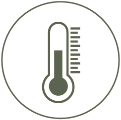 Thermometer icon with a temperature scale that shows strong wool from Big Wool in Akitio, NZ, new zealand, is naturally sustainable and temperature regulating making it the best filling for bedding, furniture, packaging and insulation