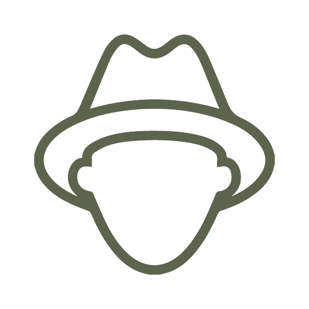 Outline of a person wearing a fedora hat, a graphic representation of a new zealand wool farmer, for Big Wool which produces some of the best wool in the world for furniture, insulation and packaging manufacturing