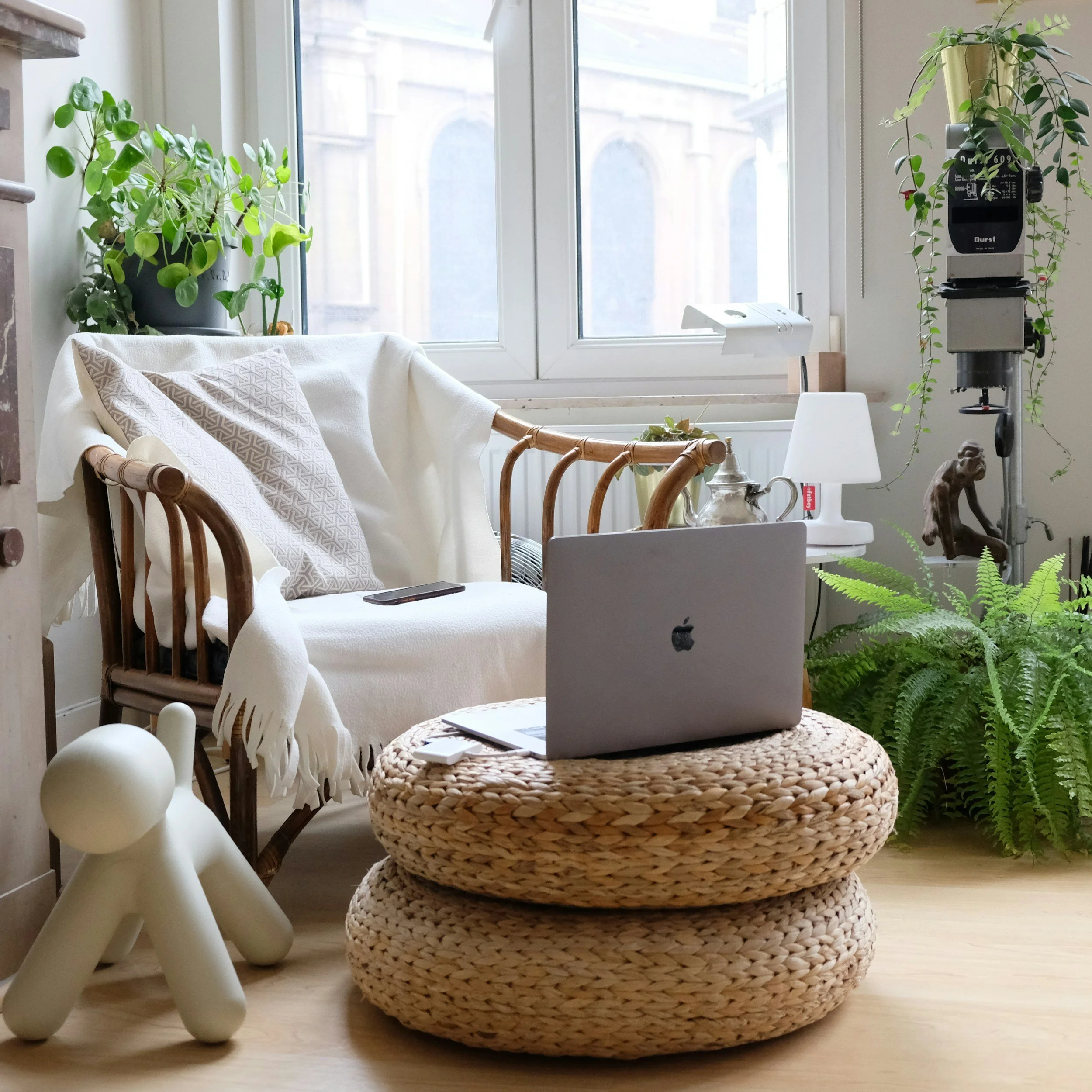 Boho telehealth therapy space with a laptop for WPATH letter evaluations and gender-affirming surgery support across Texas.