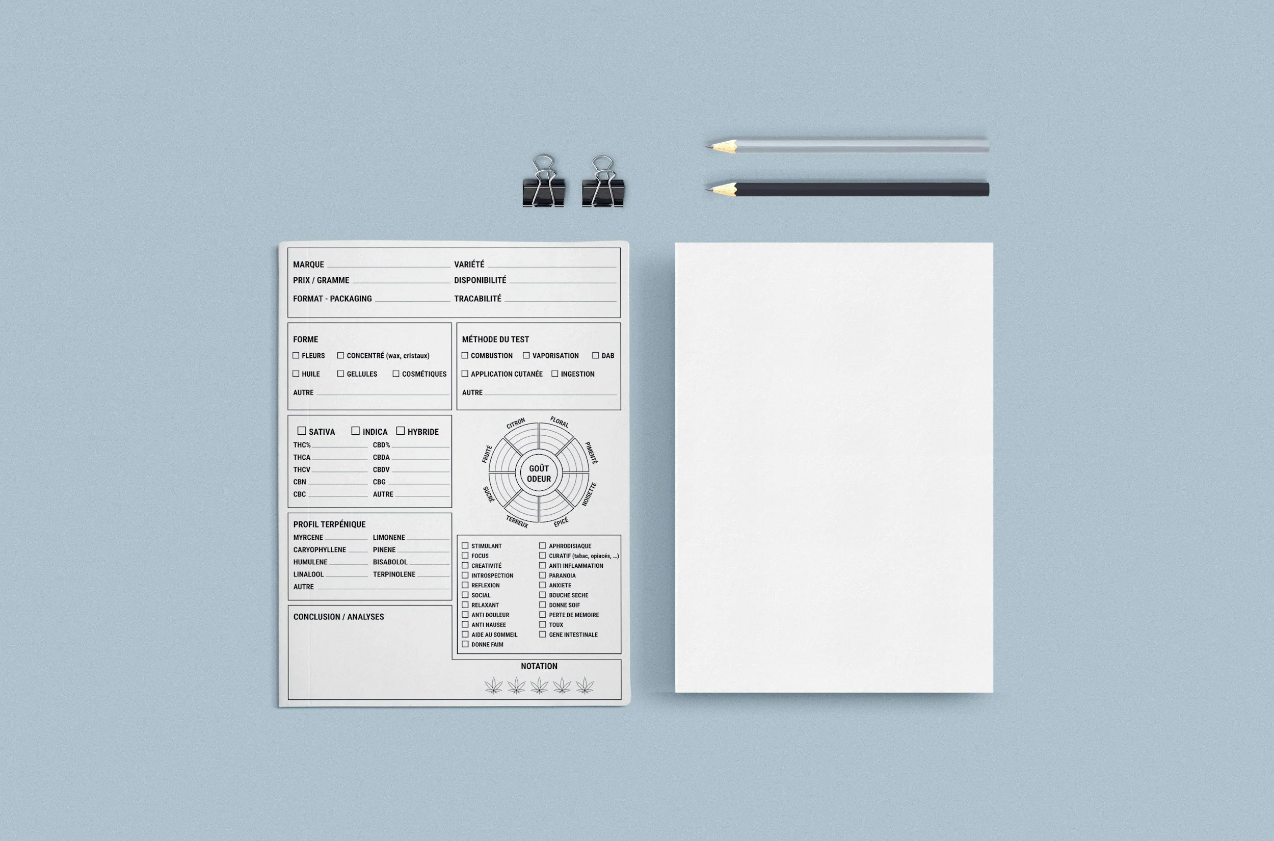 An organized book or worksheet with checkboxes and diagrams, accompanied by two pencils, two binder clips, and blank sheets, on a light blue background.