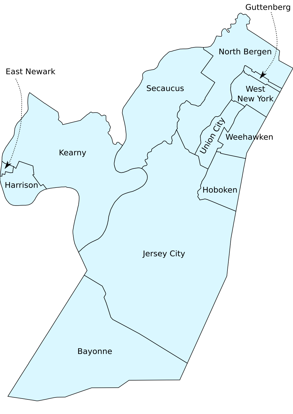 Map of Hudson County, New Jersey with county boundaries and labels, showing counties including North Bergen, West New York, Union City, Weehawken, Hoboken, Jersey City, Bayonne, Kearny, Harrison, Secaucus.